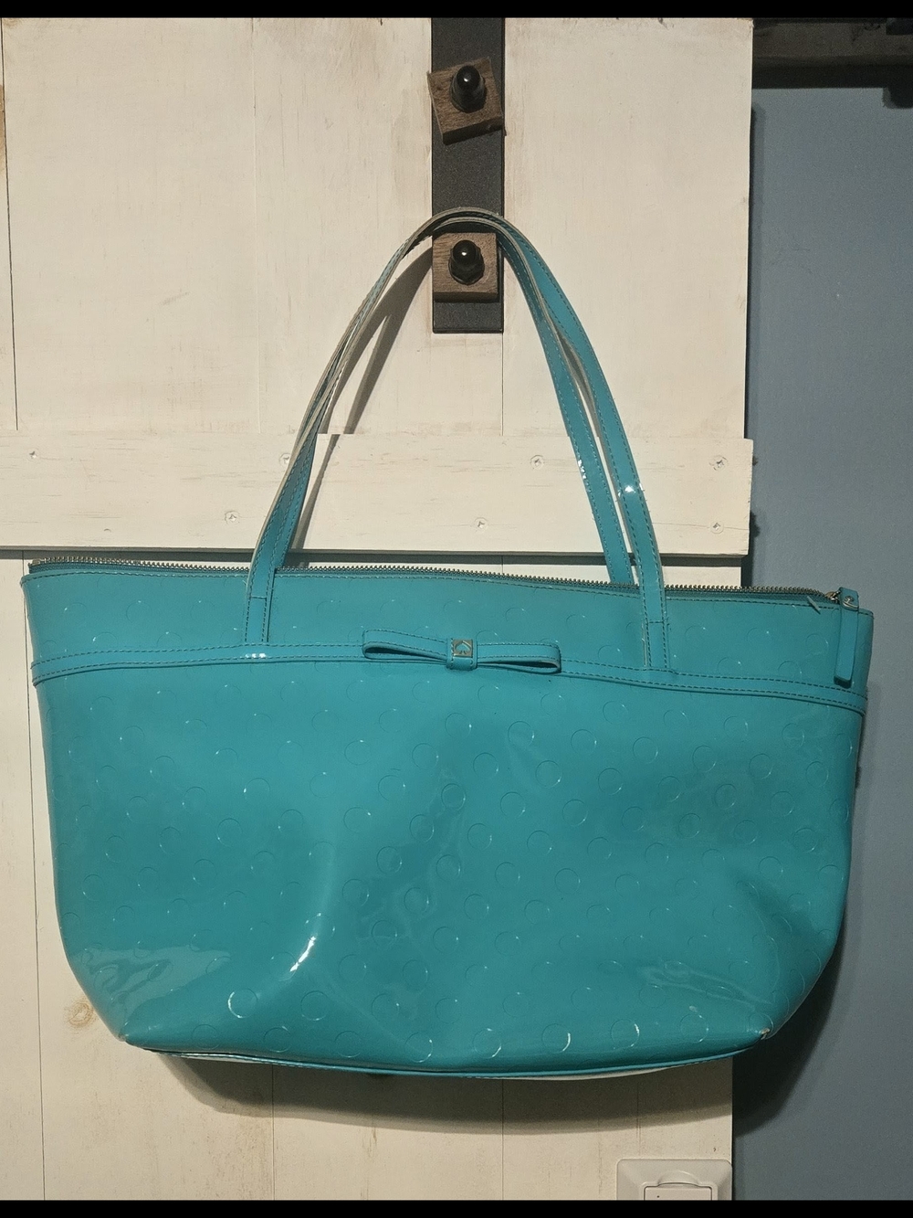 Turquoise Patent Tote Bag with Bow Accent